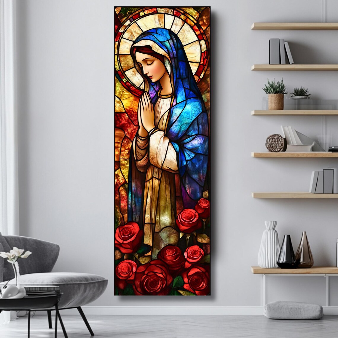 Virgin Mary Stained Glass Blue Veil Red Roses Prayer Catholic Poster - Image 4