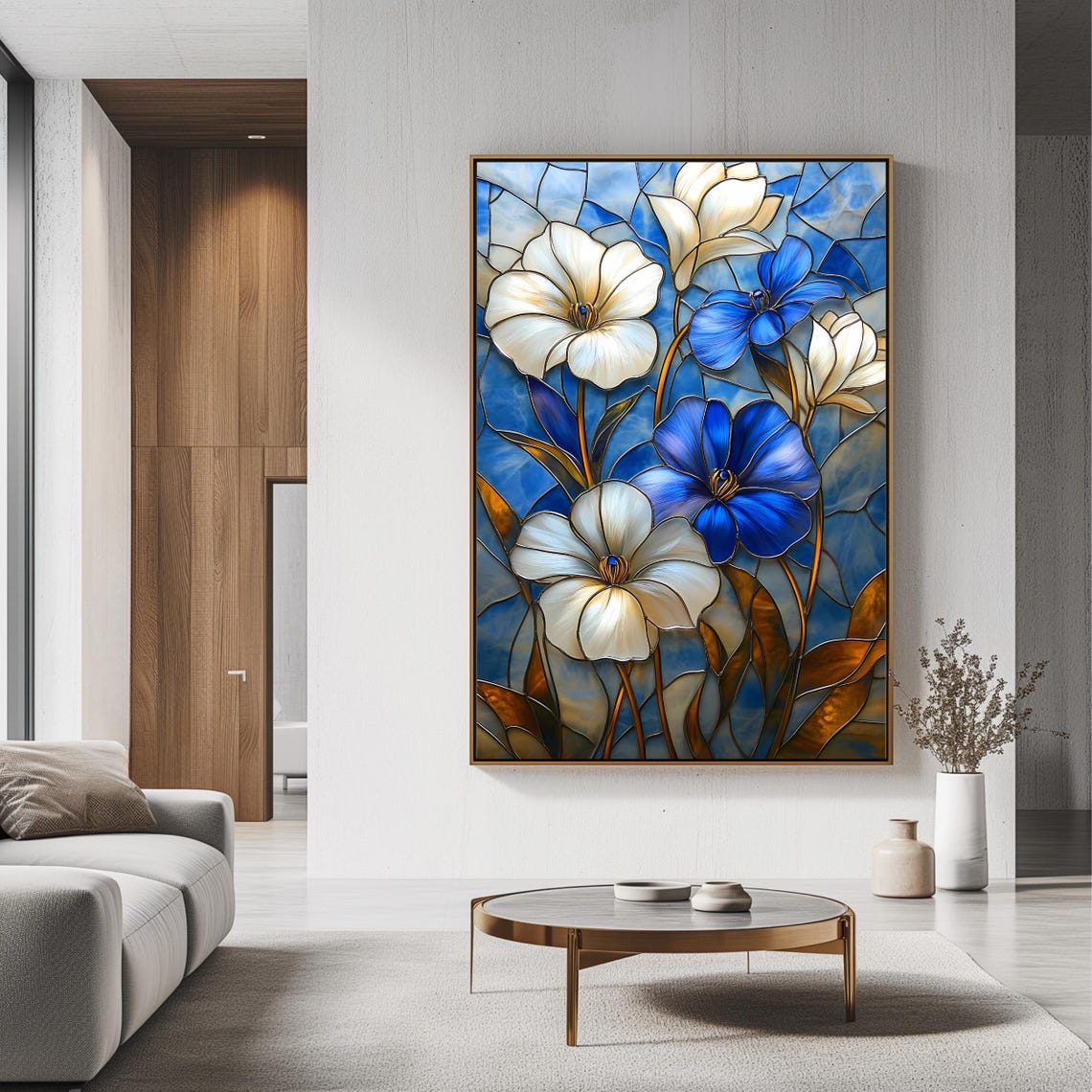 White Blue Floral Stained Glass Blooming Flowers Wall Art Decor Poster - Image 3