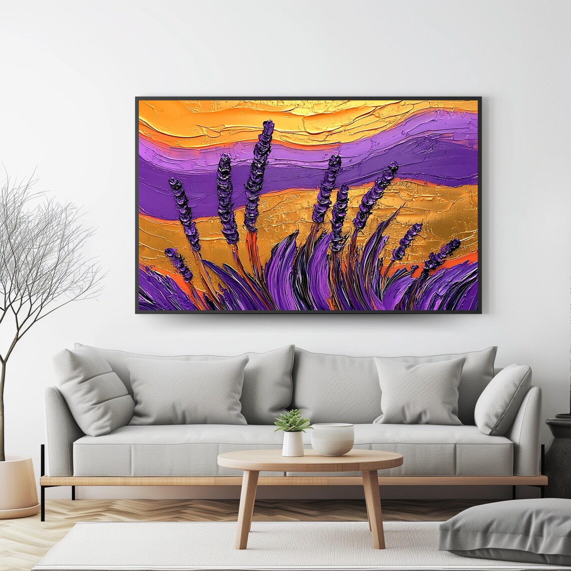 Purple Lavender Field Golden Sunset Textured Impasto Flower Poster - Image 4