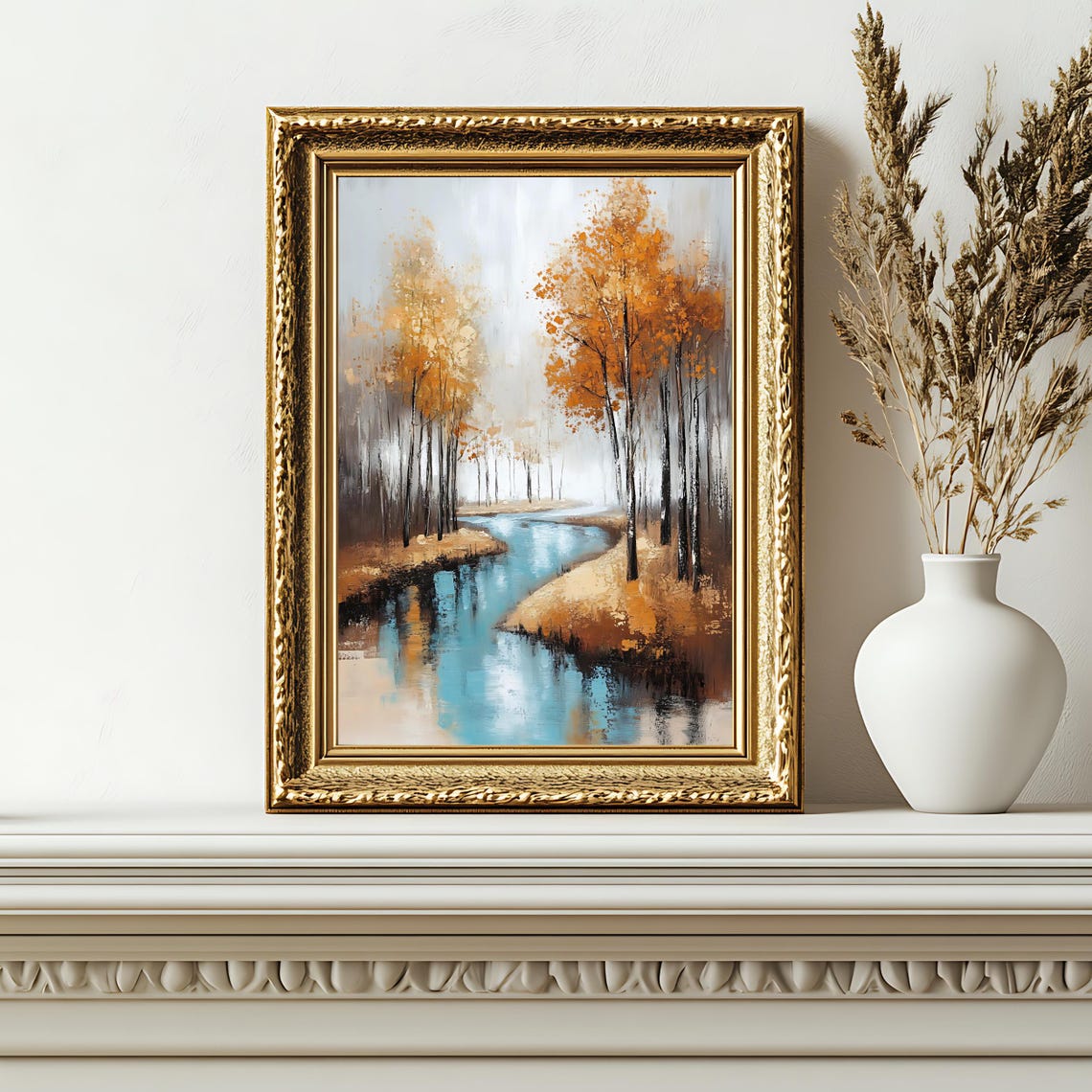 Autumn Forest Winding River Golden Foliage Misty Landscape Art Poster - Image 2