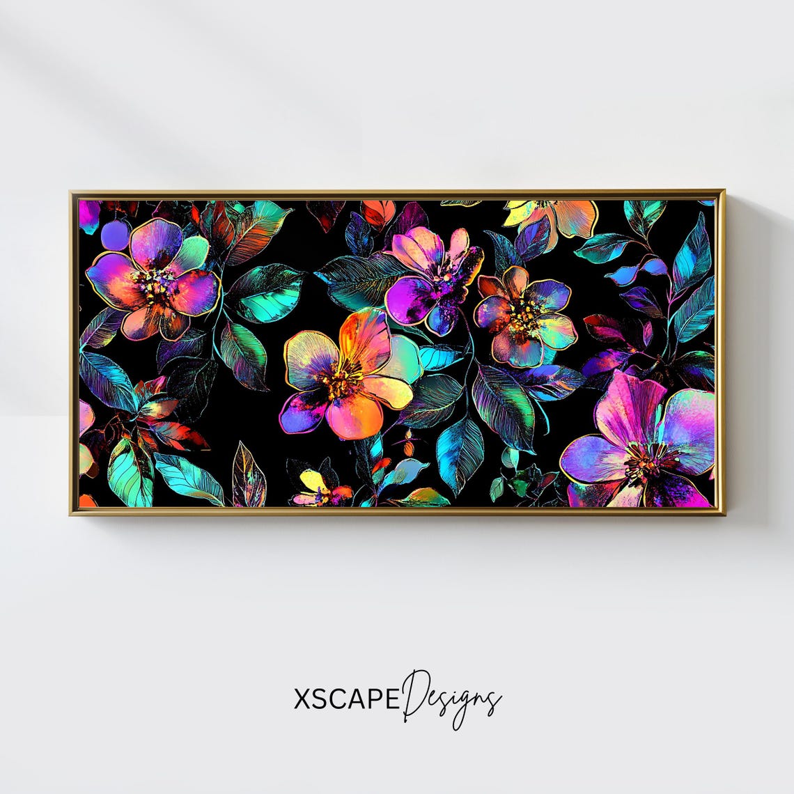 Neon Floral Blossoms Black Background Modern Botanical Wall Art Poster