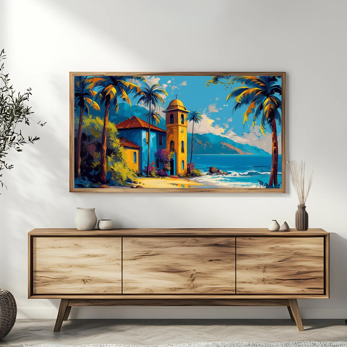 Tropical Church By The Sea Palm Trees Coastal Travel Scene Art Poster - Image 3
