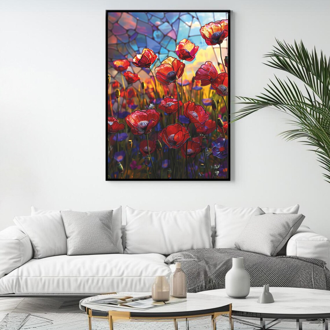 Stained Glass Red Poppies Vibrant Floral Mosaic Art Print Home Decor - Image 4