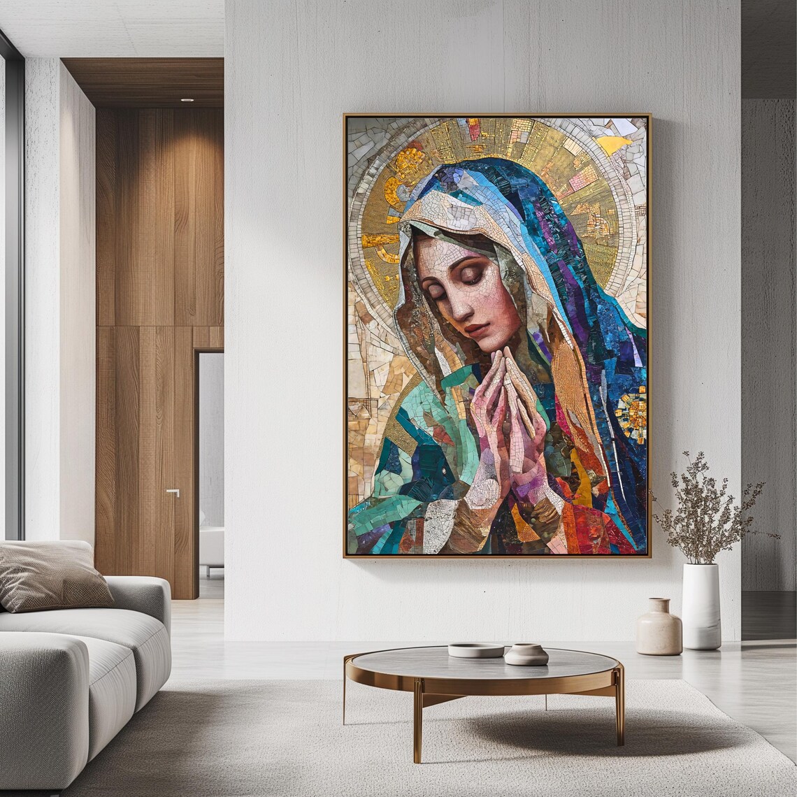 Virgin Mary Mosaic Prayer Blue Veil Golden Halo Catholic Faith Art Print Poster - Image 3