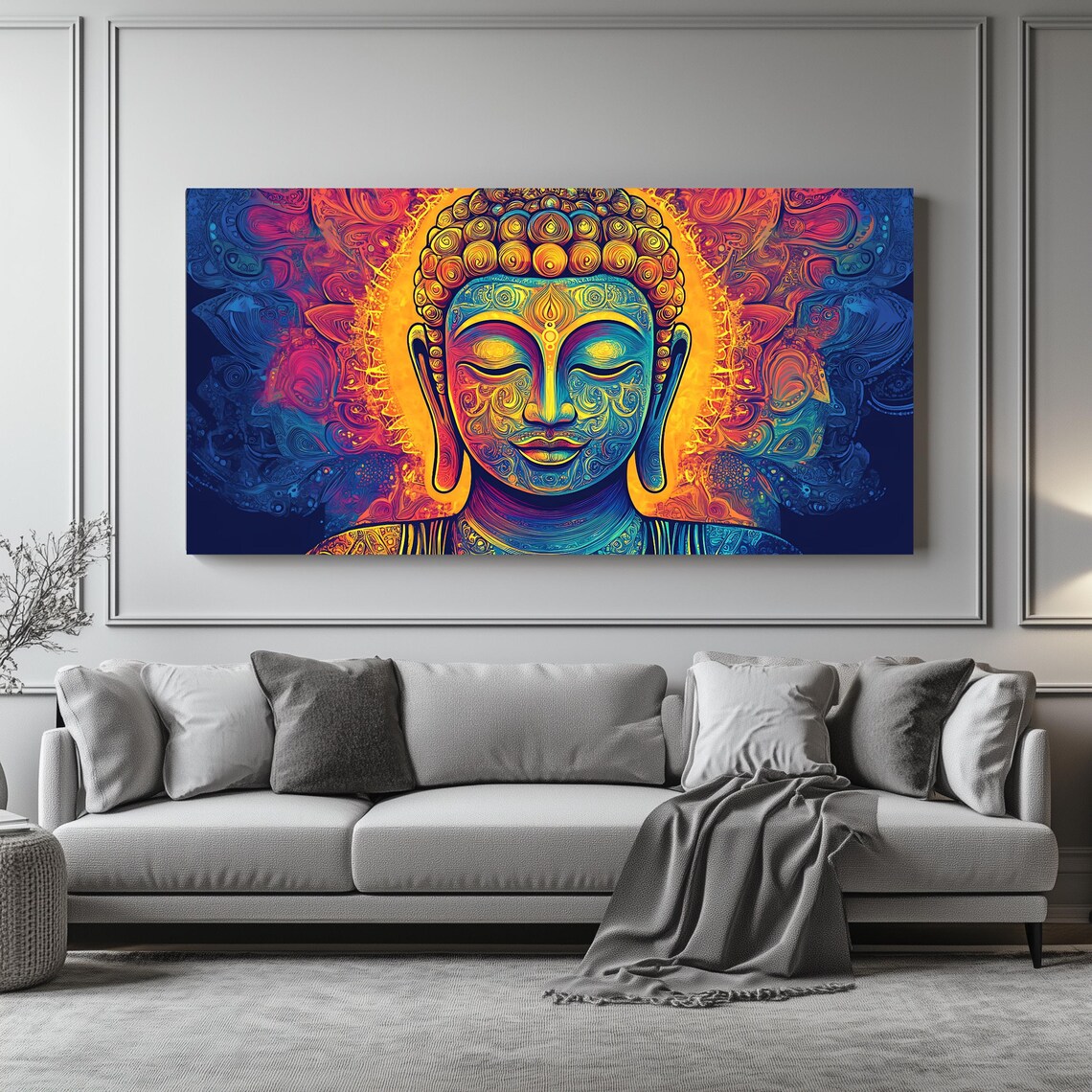 Vibrant Psychedelic Buddha Mandala Colorful Panoramic Spiritual Wall Art - Image 4