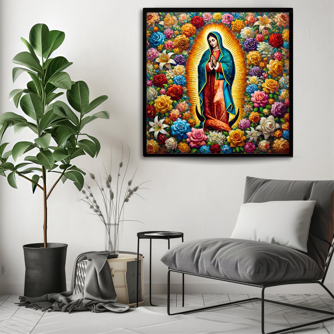 Our Lady Of Guadalupe Golden Halo Among Colorful Roses Art Print Poster - Image 3