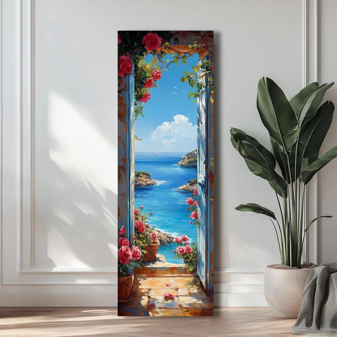 Mediterranean Window Ocean View Red Roses Vertical Coastal Poster - Image 3