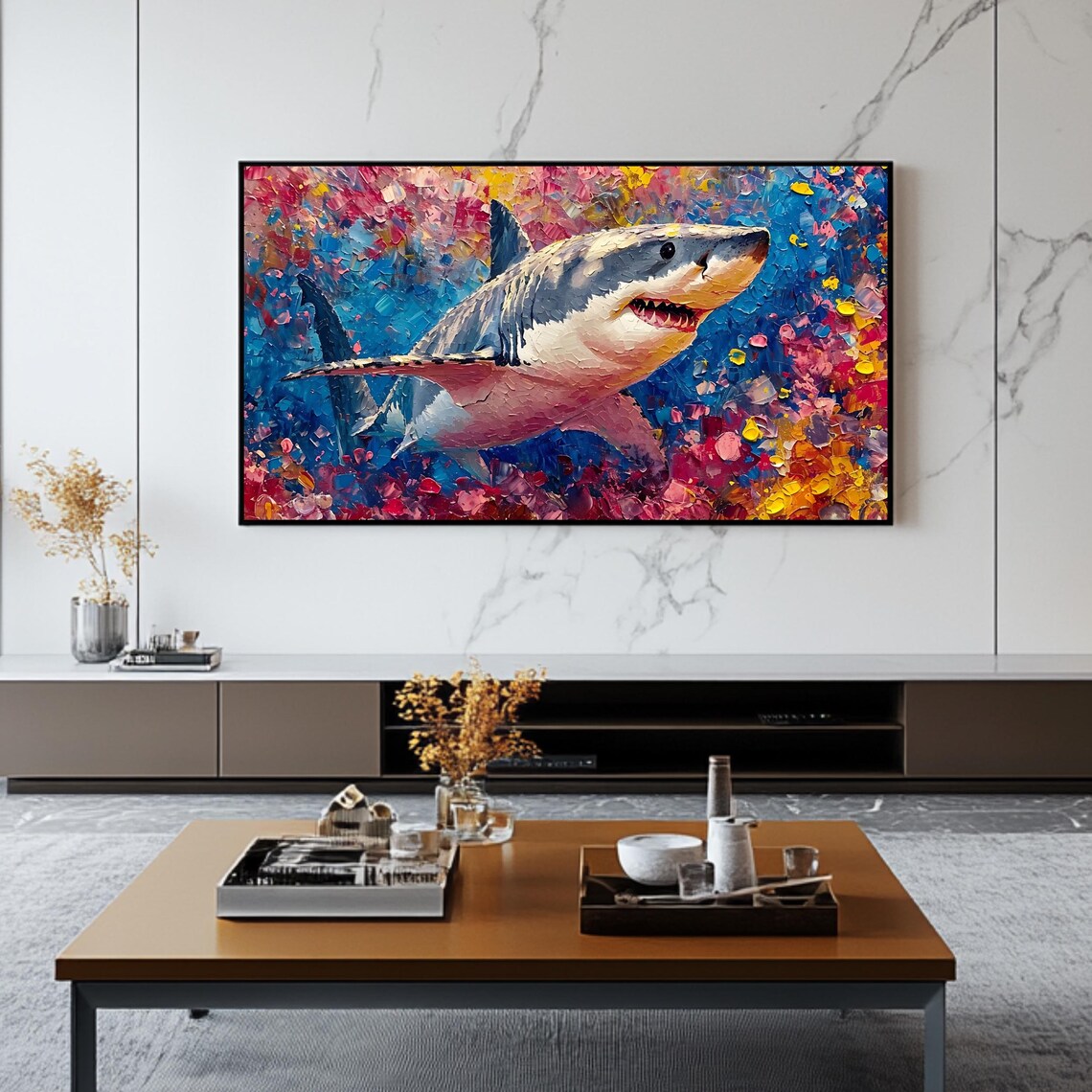 Colorful Great White Shark Impasto Ocean Painting Vibrant Wildlife Poster - Image 2