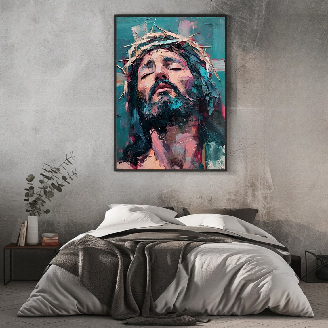 Jesus Christ Crown Of Thorns Upward Gaze Impasto Abstract Religious Art Poster - Image 2