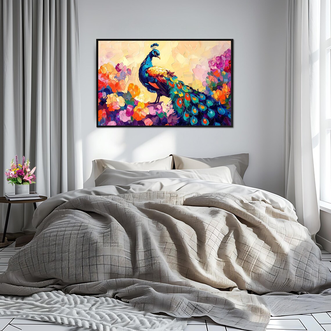 Peacock Colorful Feathers Floral Impasto Painting Vibrant Bird Poster - Image 2