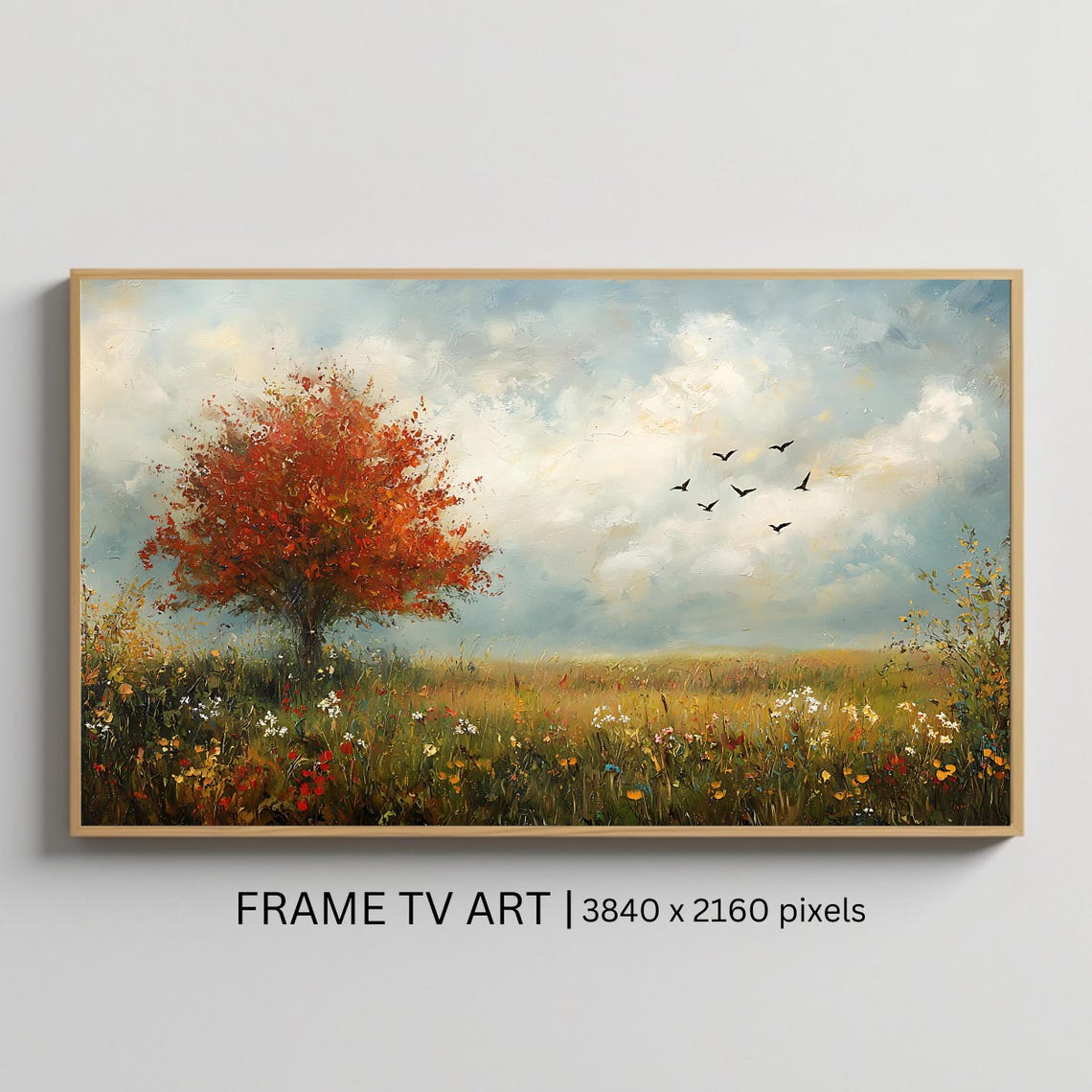 Red Autumn Tree Wildflower Meadow Birds Flying Fall Frame TV Poster
