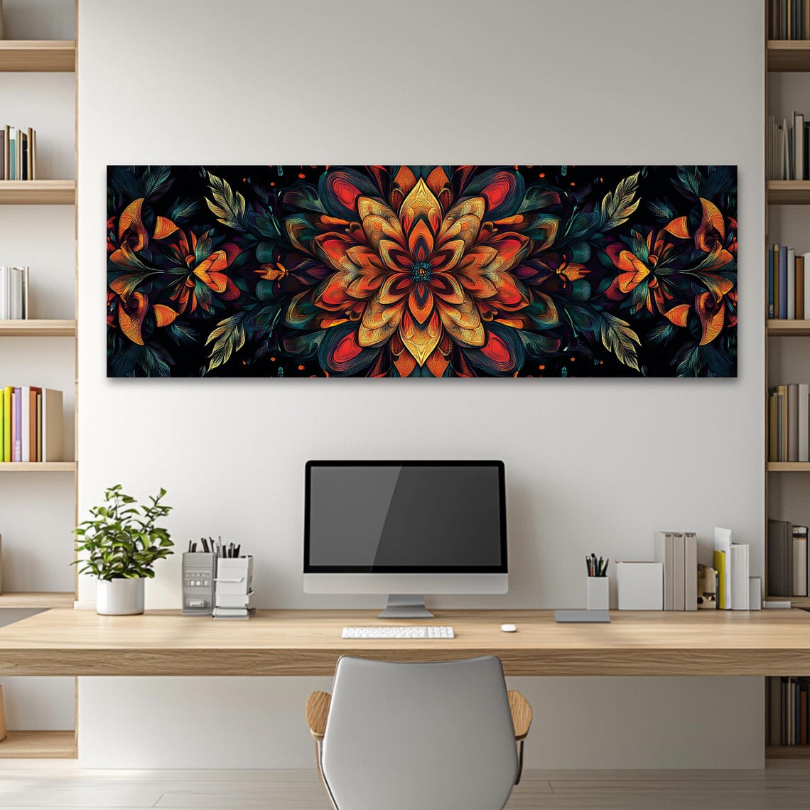 Dark Floral Mandala Wall Art Long Narrow Panoramic Print Boho Oversized Above Sofa Or Bed Decor Moody Botanical - Image 2