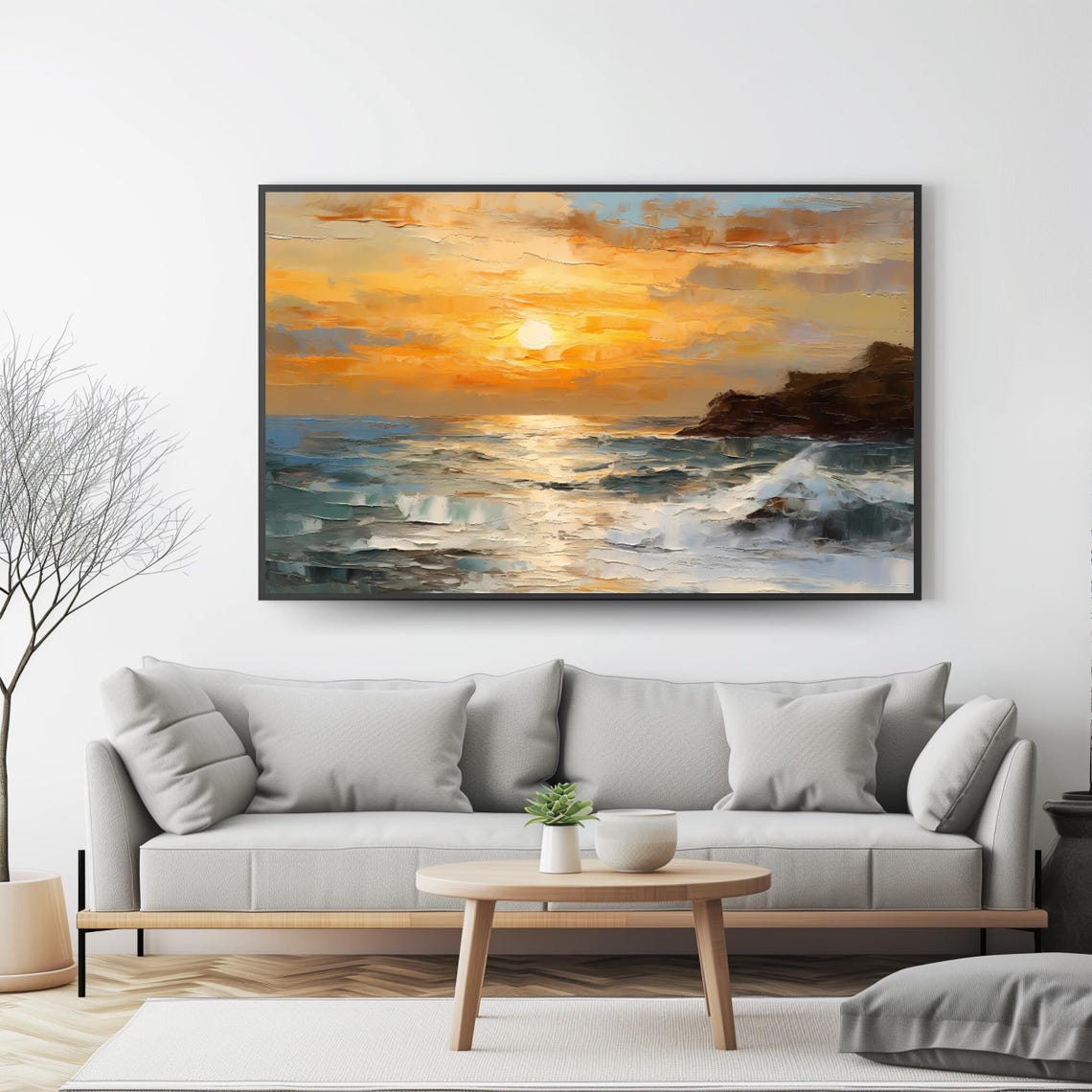 Ocean Sunset Waves Rocky Shore Bright Golden Light Seascape Poster - Image 4