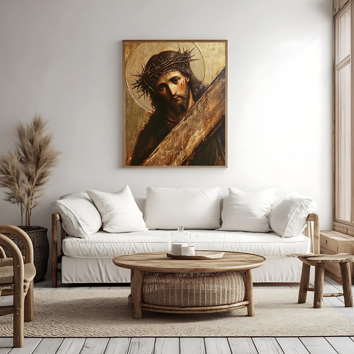 Jesus Christ Crown Of Thorns Carrying Cross Golden Halo Sacred Print - Image 4