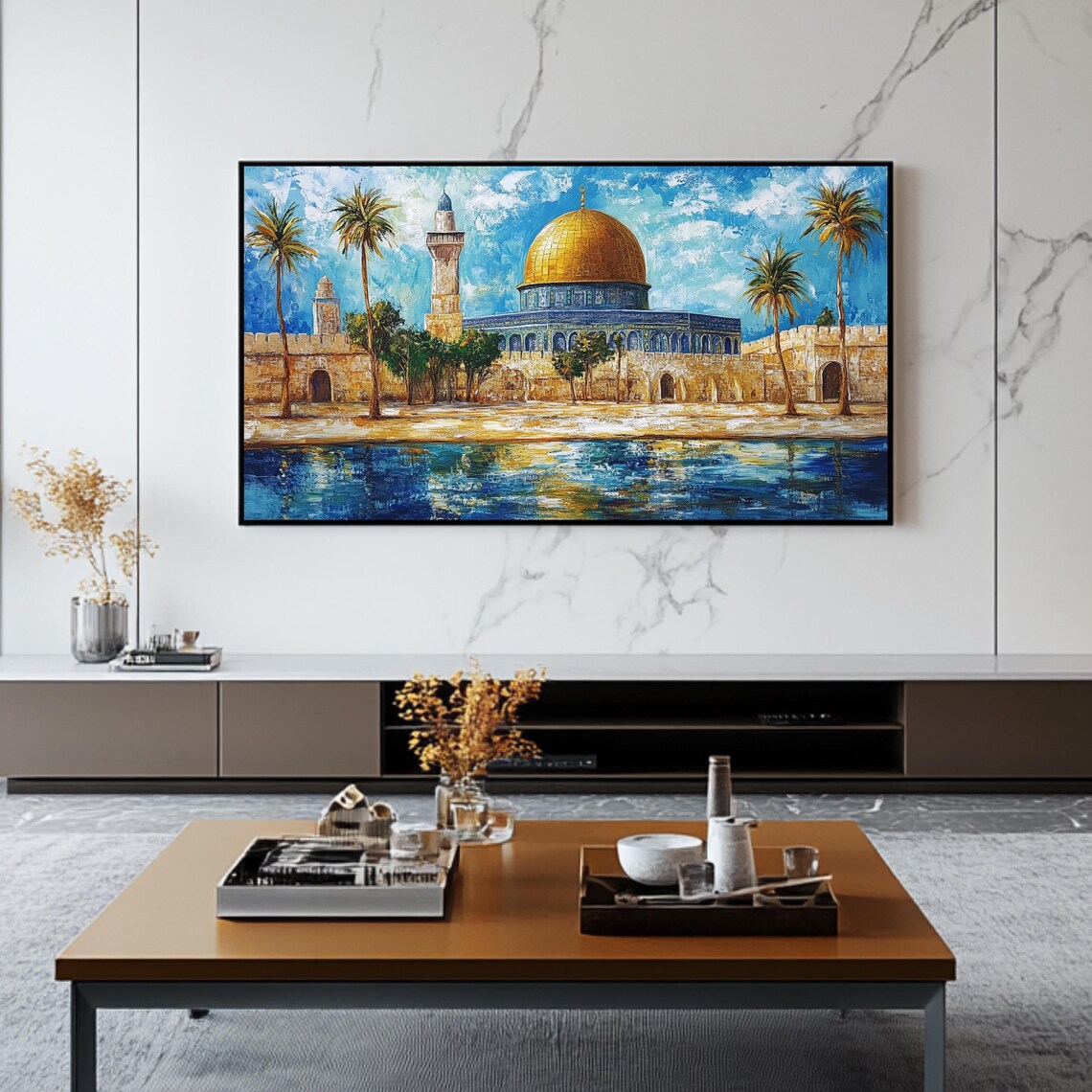 Dome Of The Rock Palm Trees Water Reflection Colorful Painting Poster - Image 2