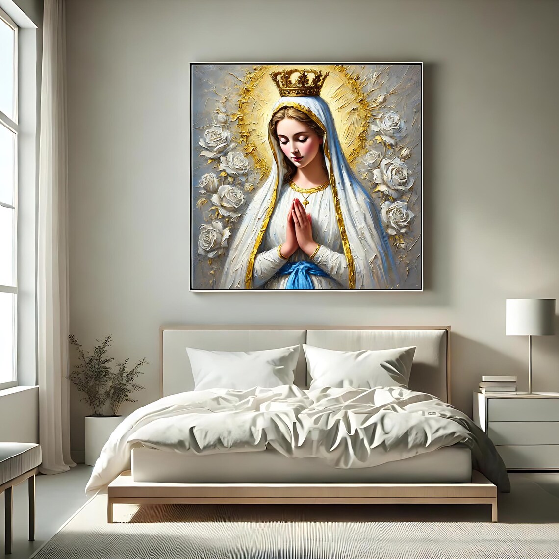 Our Lady of Fatima Crowned Marian Prayer White Roses Gold Halo Art Print - Image 2
