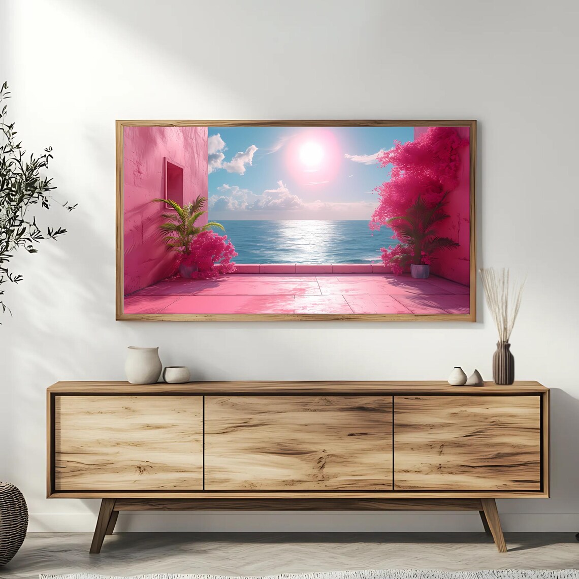 Pink Coastal Terrace Ocean View Dreamy Sunset Seascape TV Art Poster - Image 3