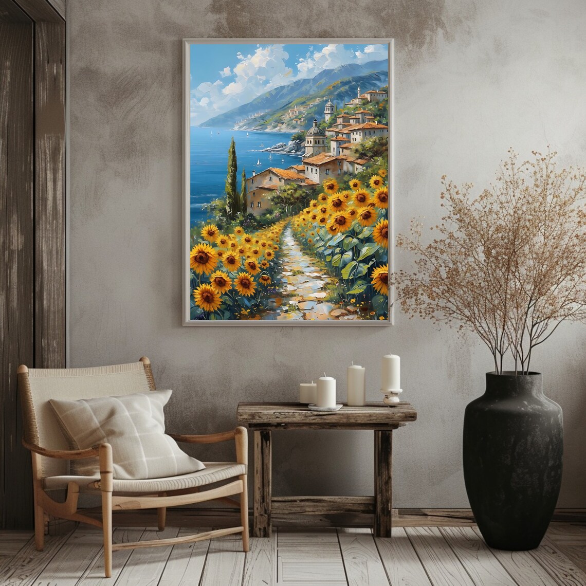 Coastal Village Mediterranean Sunflower Path Art Print - Image 3