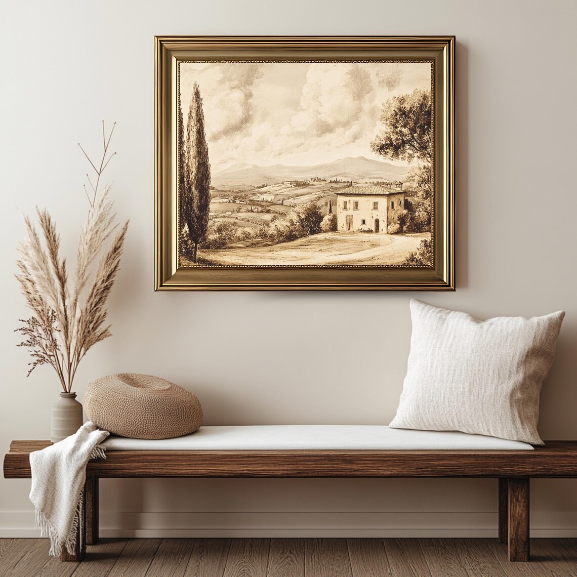 Vintage Tuscan Farmhouse Sepia Countryside Hills Italian Art Poster - Image 2