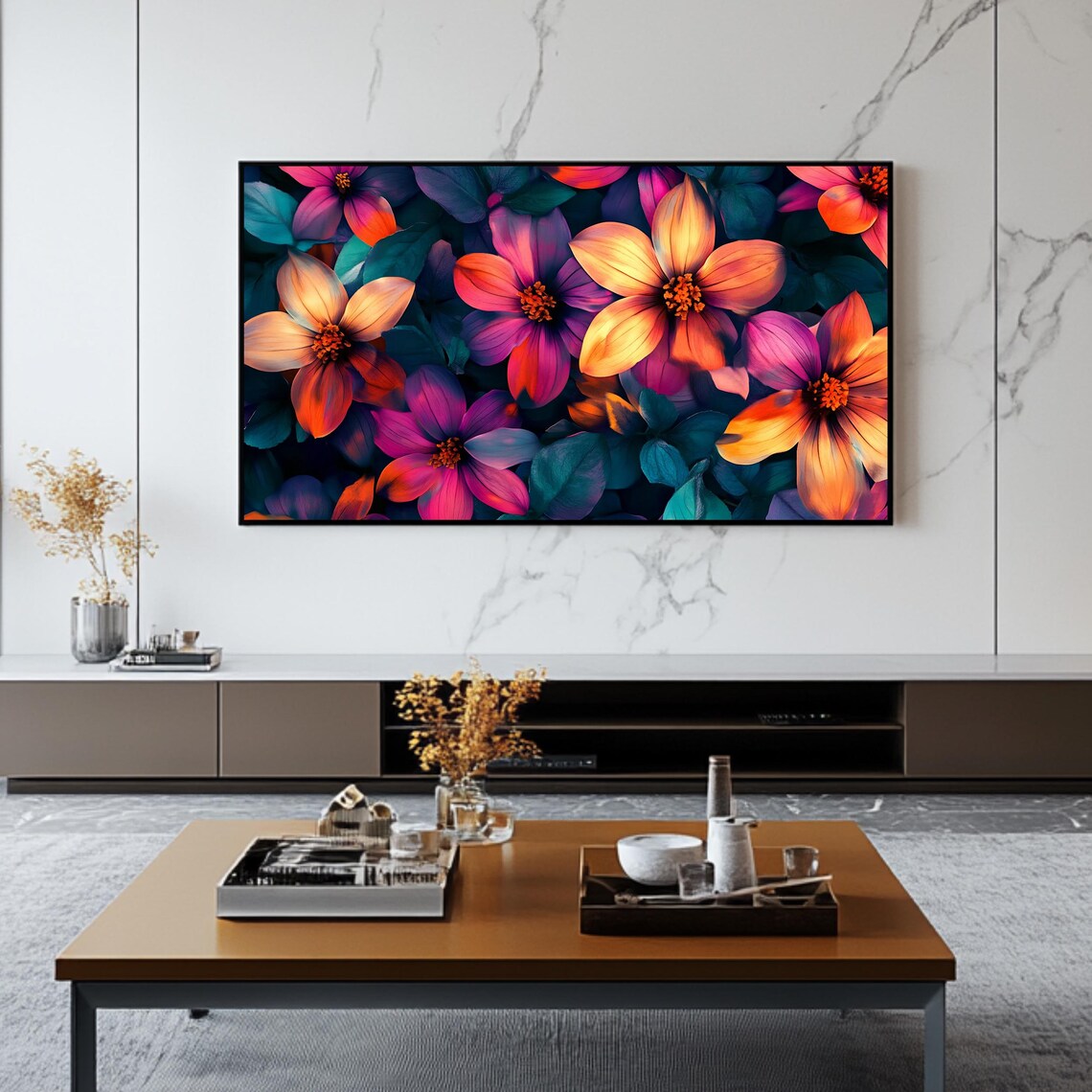 Neon Magenta Orange Flowers On Dark Teal Modern Floral Art Poster - Image 2
