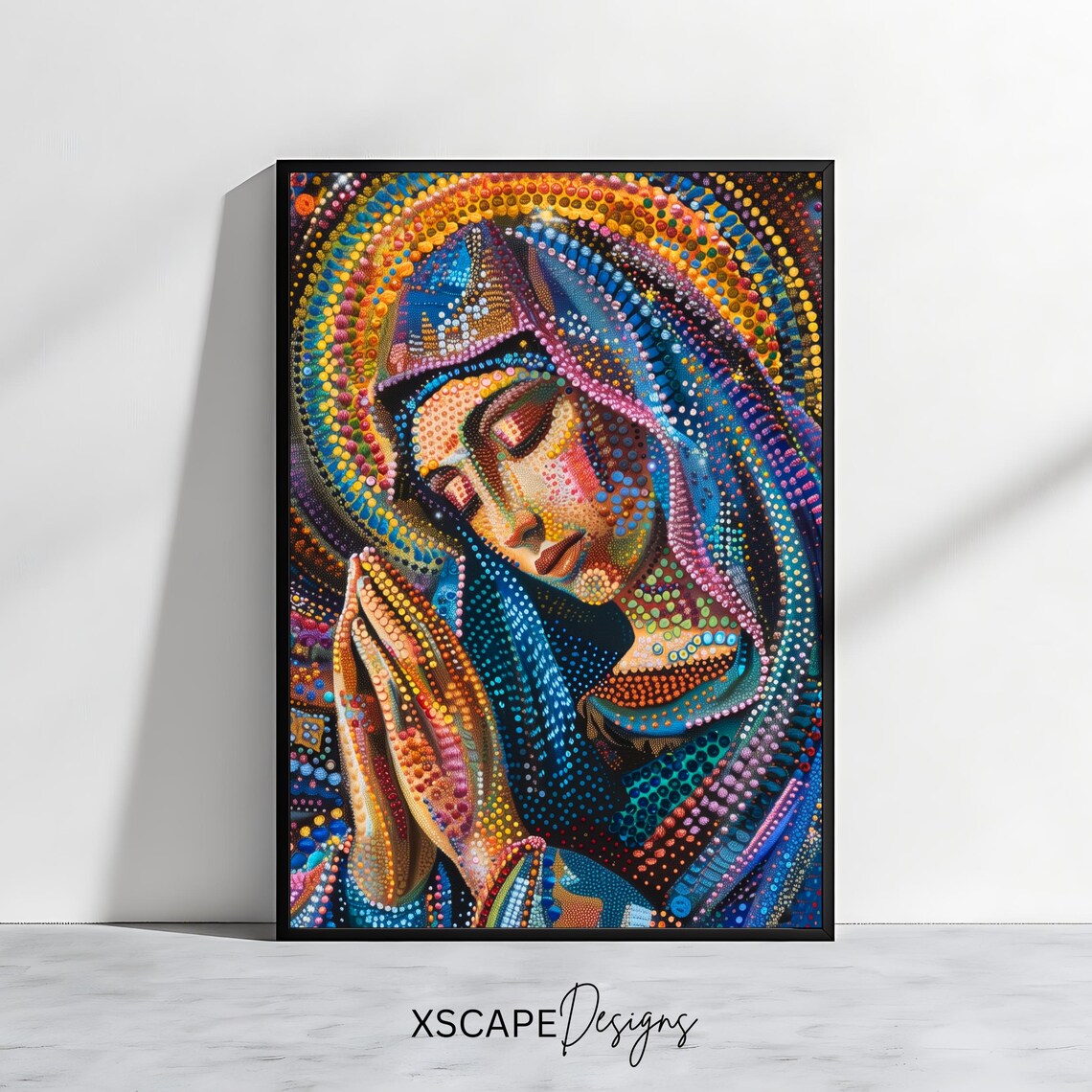 Virgin Mary Dot Art Praying Colorful Pointillism Catholic Religious Poster