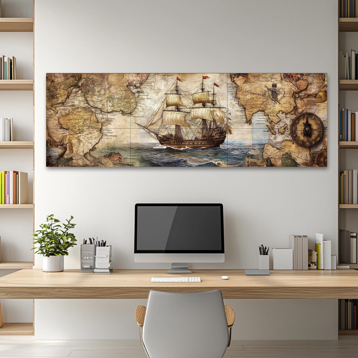 Vintage Nautical Tall Ship Antique World Map Panoramic Art Poster - Image 2