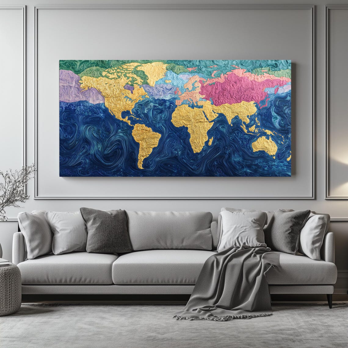 Textured Gold World Map Blue Marble Ocean Panoramic Travel Poster - Image 4