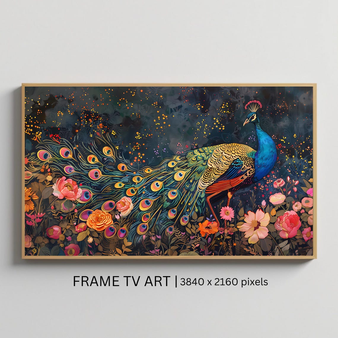 Elegant Peacock in Blooming Garden Night Lights Floral Wall Art