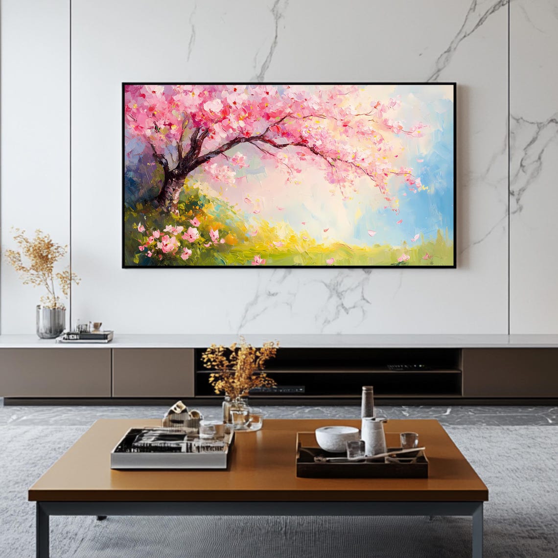 Pink Cherry Blossom Tree In Bloom Spring Meadow Floral Art Poster - Image 2