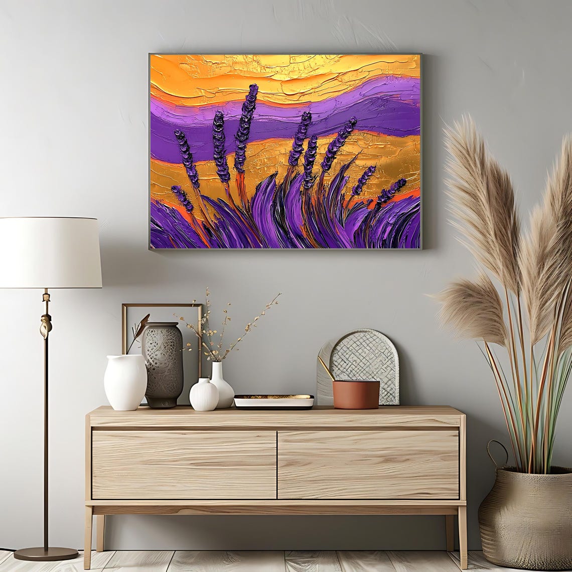 Purple Lavender Field Golden Sunset Textured Impasto Flower Poster - Image 3