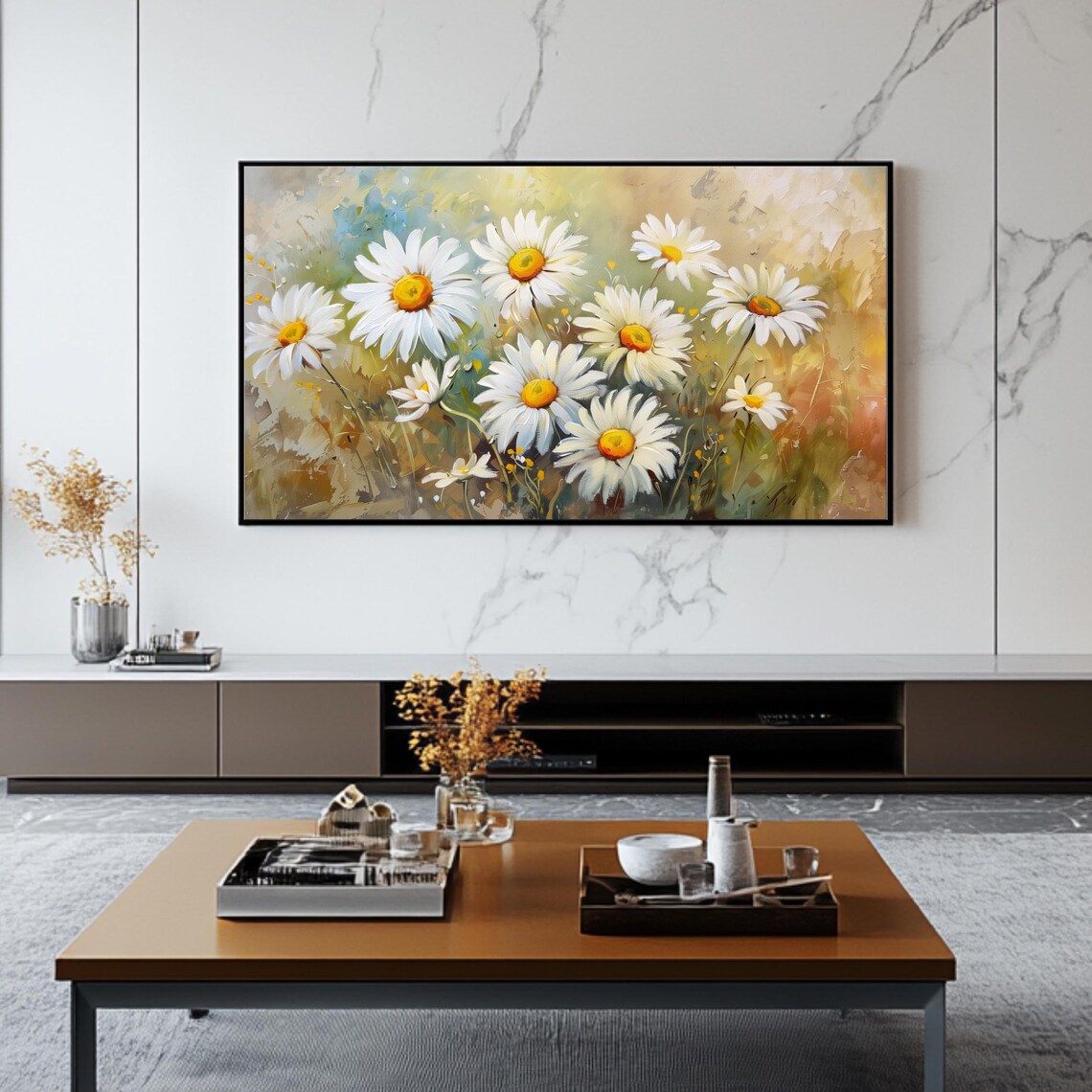 White Daisies Sunlit Meadow Soft Floral Oil Painting TV Art Poster - Image 2