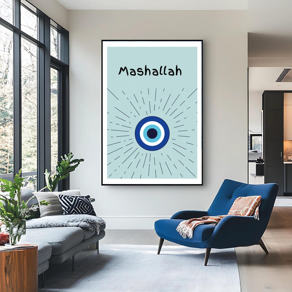 Mashallah Blue Evil Eye Protection Minimalist Arabic Quote Art Poster - Image 3