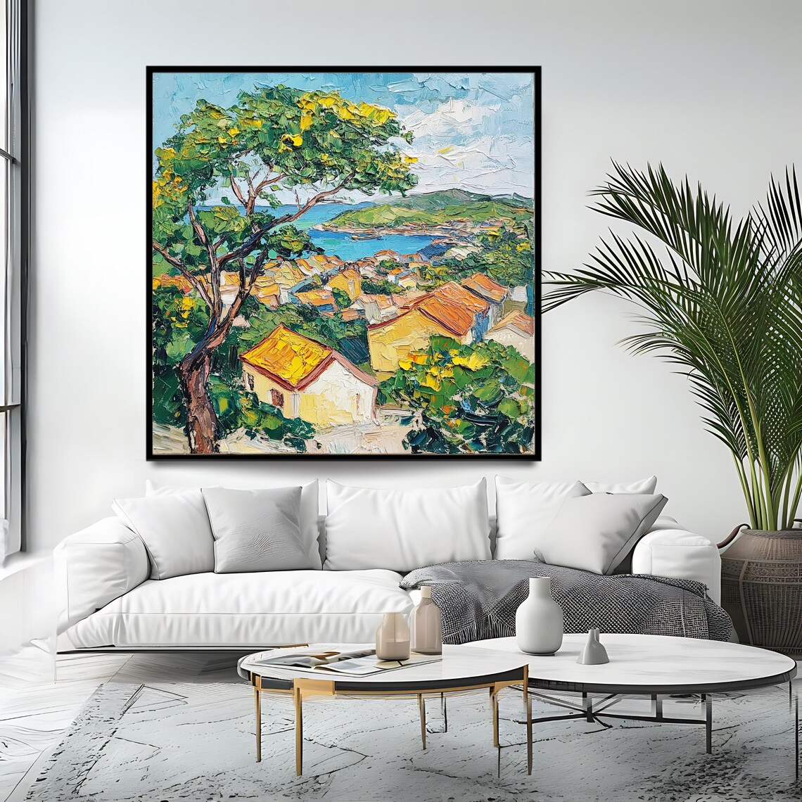 Mediterranean Village Overlook Terracotta Roofs Bay Impasto Art Poster - Image 4
