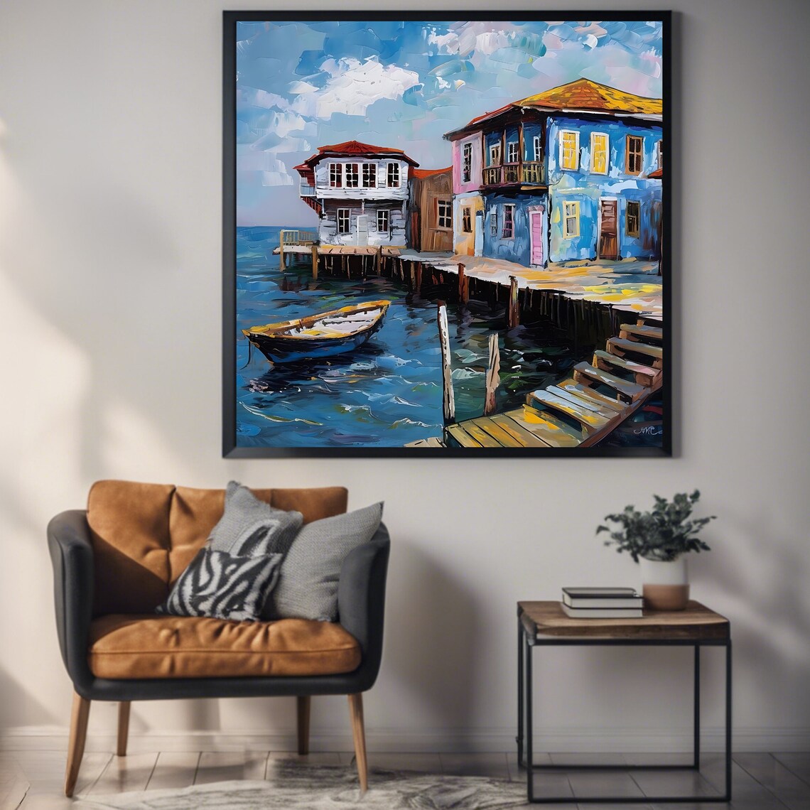 Coastal Village Colorful Houses Pier Fishing Boat Seascape Art Poster - Image 3