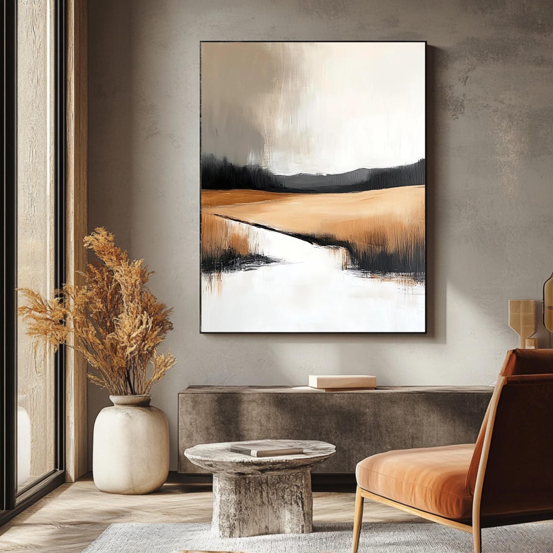 Modern Abstract Landscape Golden Field River Minimalist Art Poster - Image 3