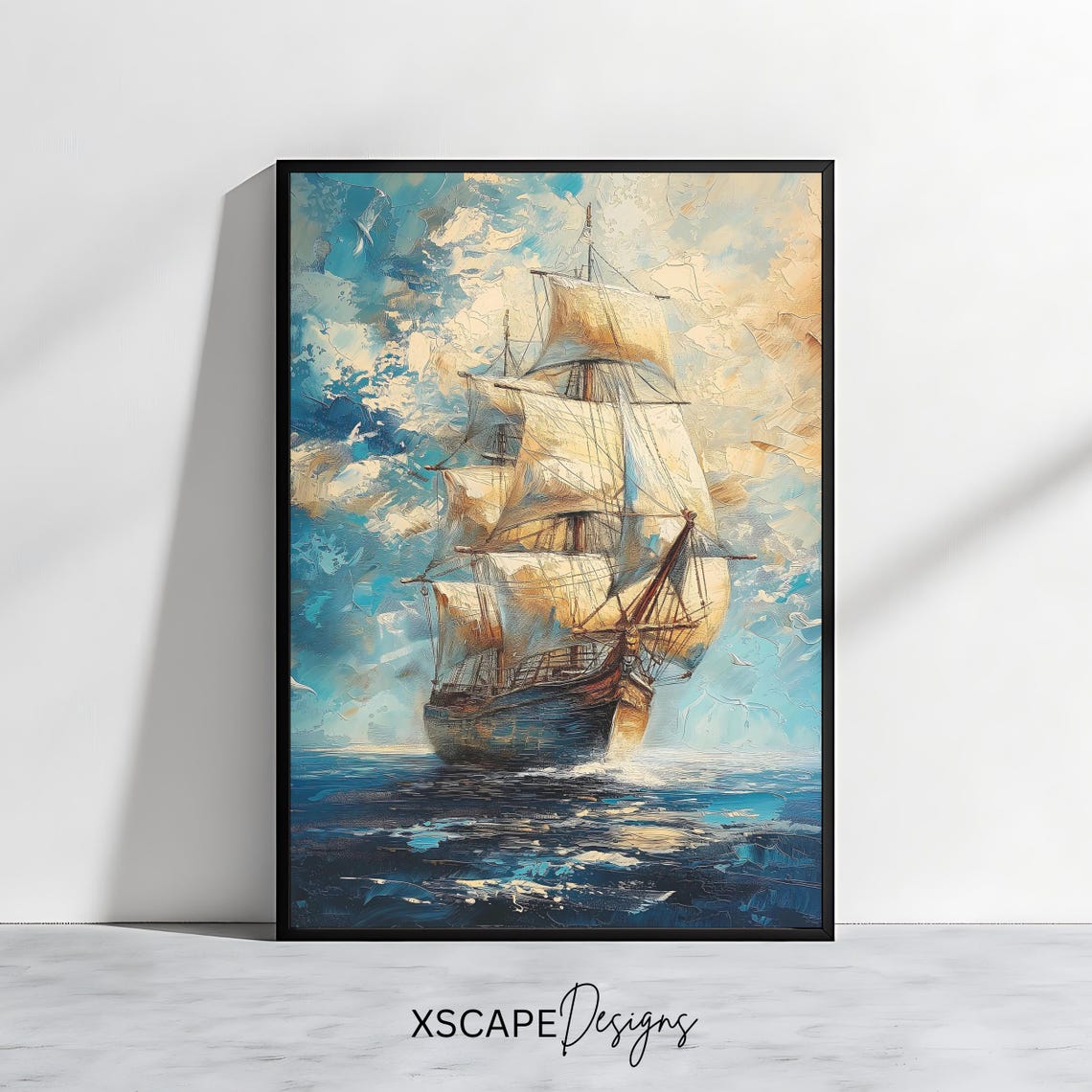 Tall Sailing Ship Open Ocean Dramatic Sky Vintage Nautical Art Poster