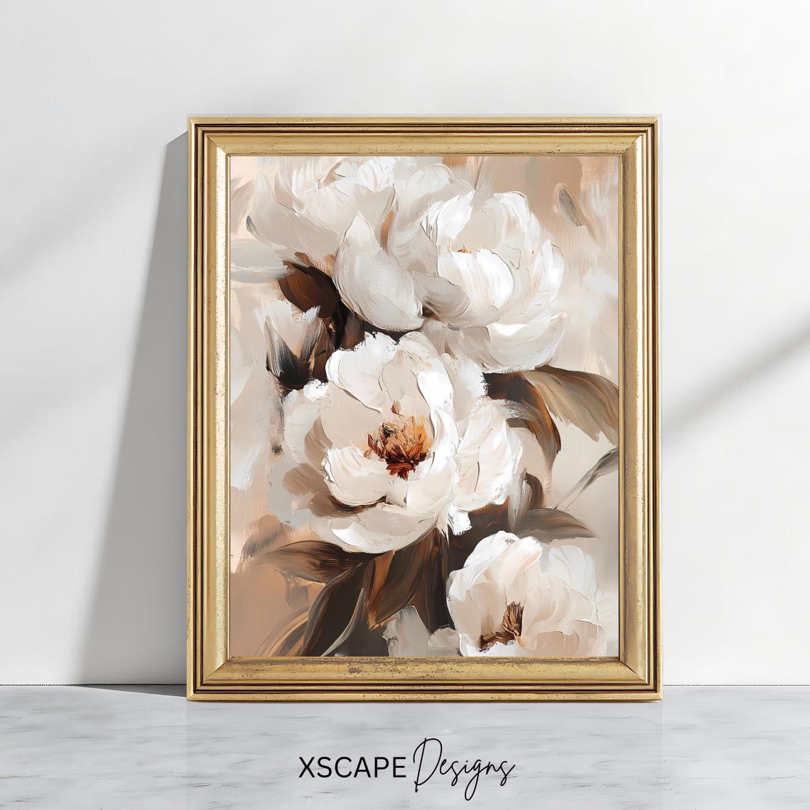 White Peony Abstract Soft Beige Elegant Vertical Floral Wall Art