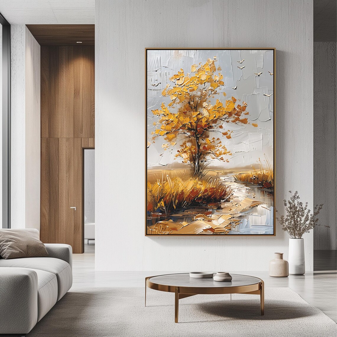 Golden Autumn Tree by a Calm Lake Impasto Style Fall Landscape Poster - Image 3