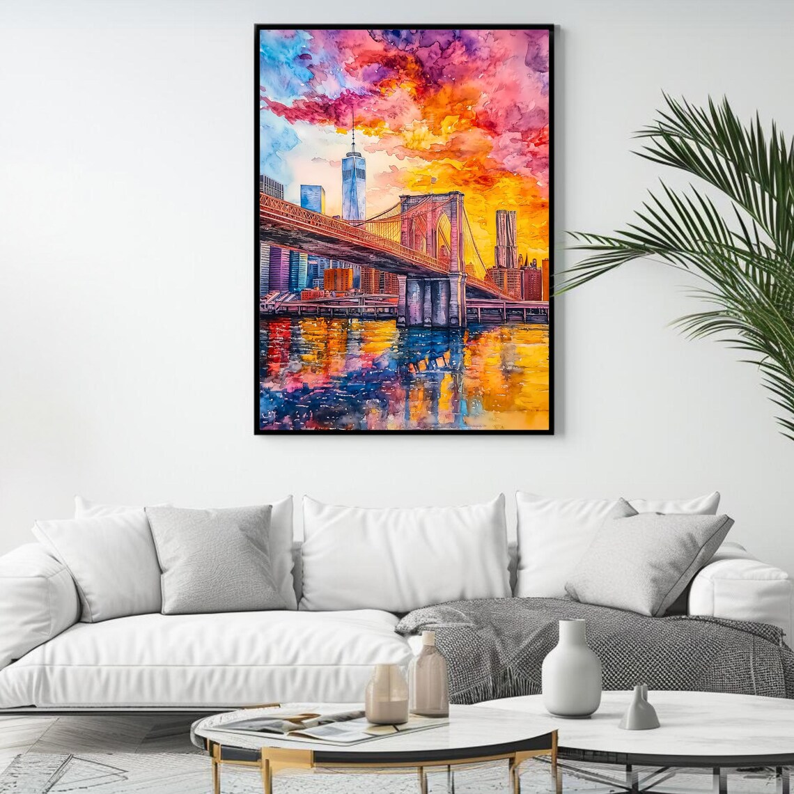 Brooklyn Bridge New York City Skyline Sunset Watercolor Travel Poster - Image 4