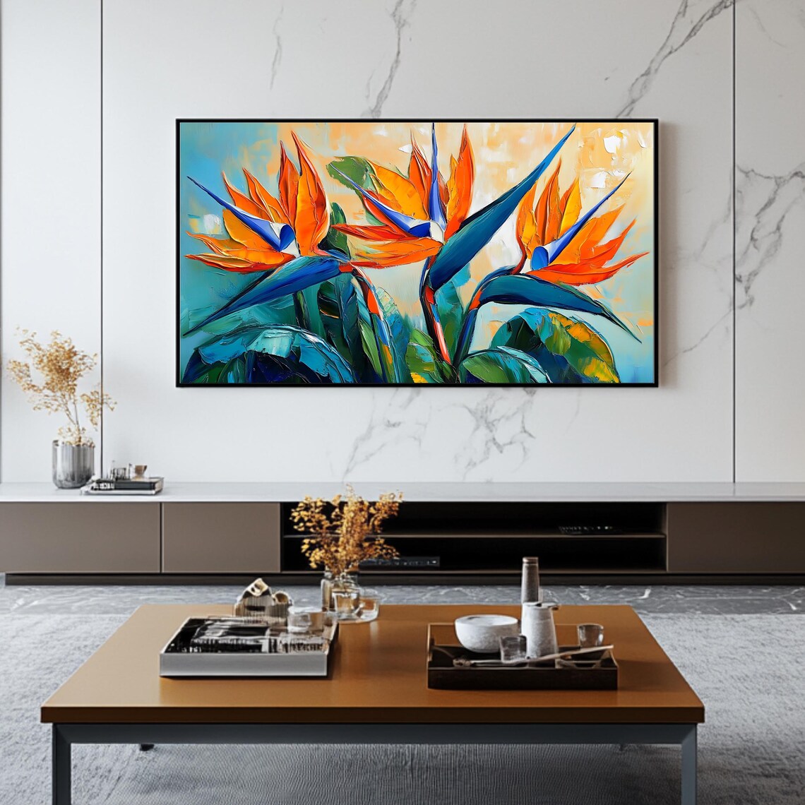 Exotic Bird Of Paradise Tropical Flowers Bold Impasto Wall Art Poster - Image 2