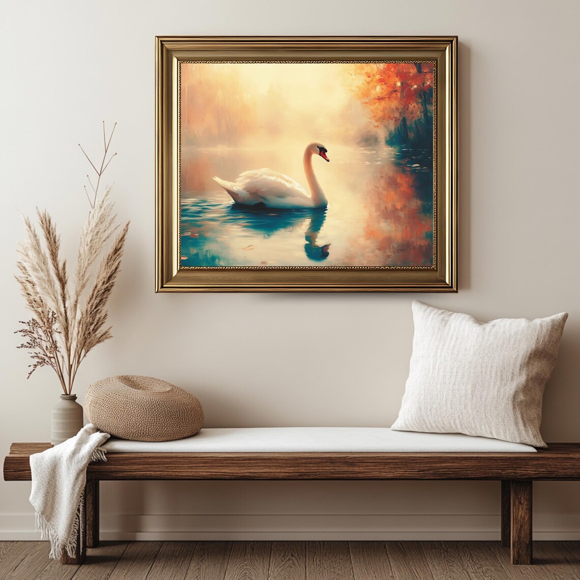 White Swan On Misty Autumn Lake Vintage Wildlife Painting Wall Art - Image 2