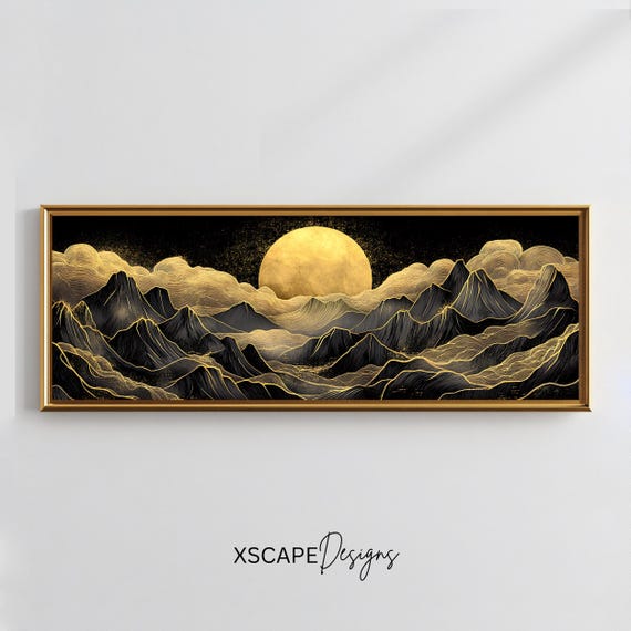 Golden Moon Mountain Wall Art Long Horizontal Narrow Print Modern Abstract Landscape Artwork For Above Couch Or Bed