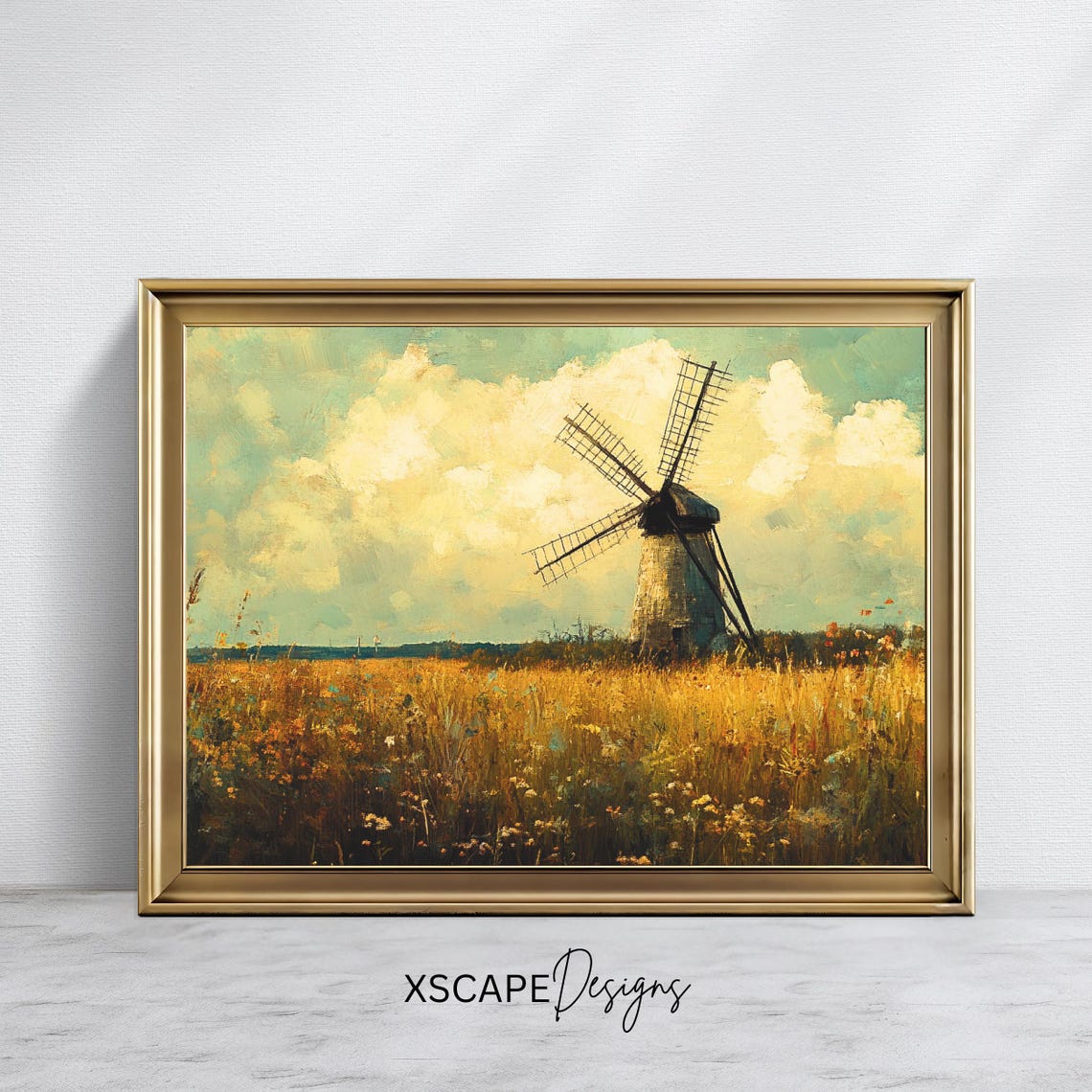 Vintage Windmill Golden Wheat Field Dramatic Clouds Rustic Art Poster