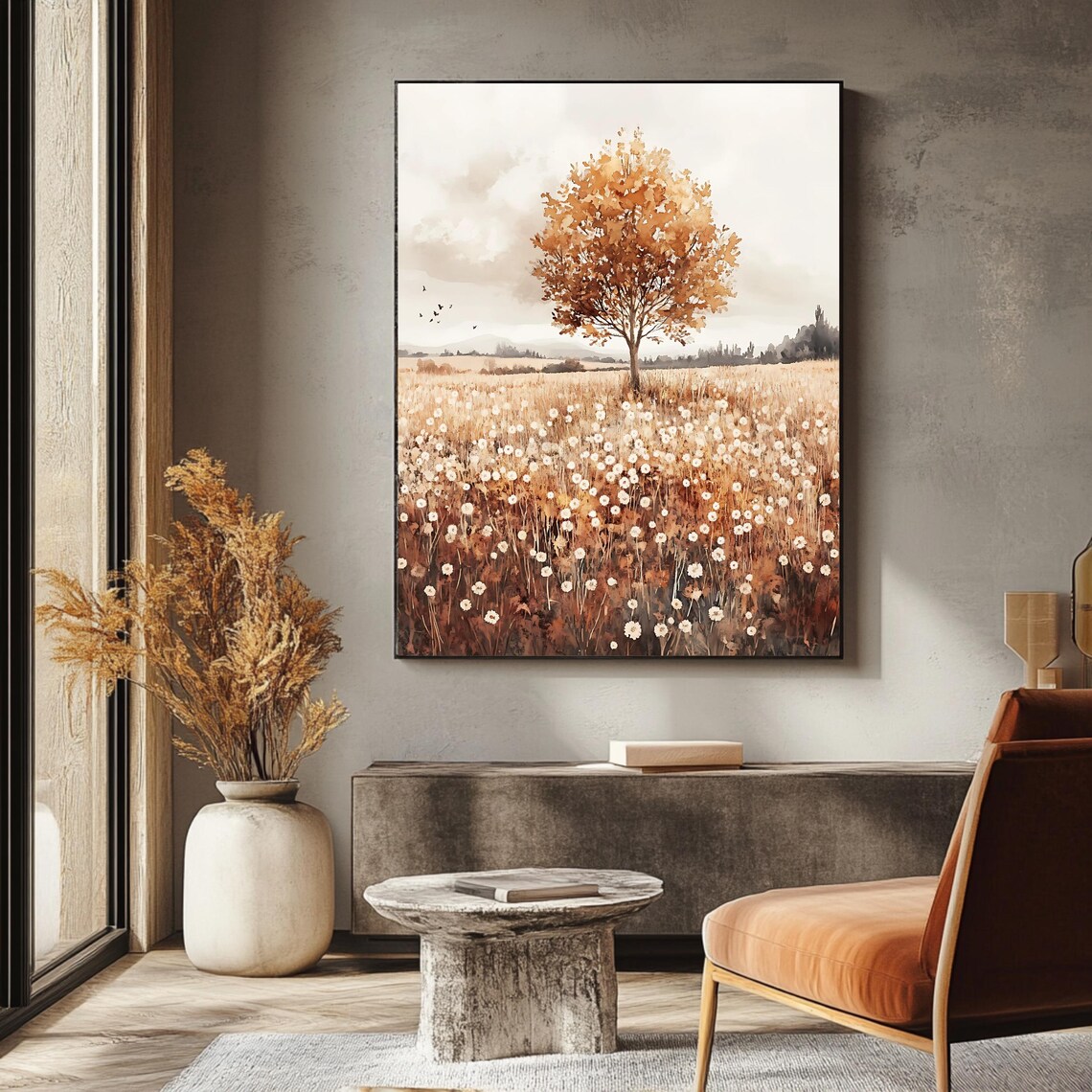 Golden Autumn Tree In Wildflower Field Watercolor Fall Meadow Poster - Image 3
