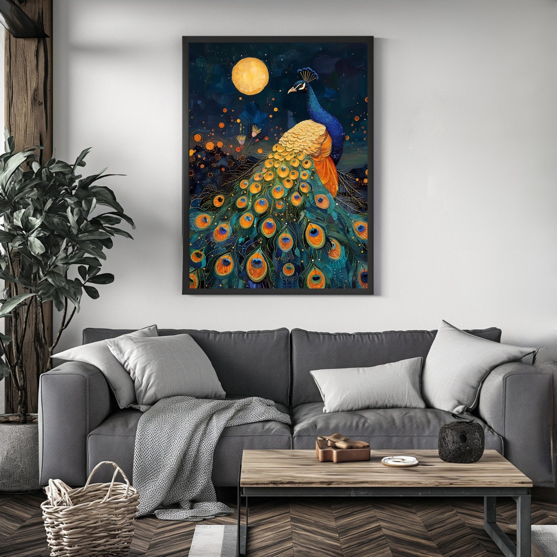 Moonlit Peacock Golden Feathers Full Moon Night Sky Elegant Bird Print - Image 4