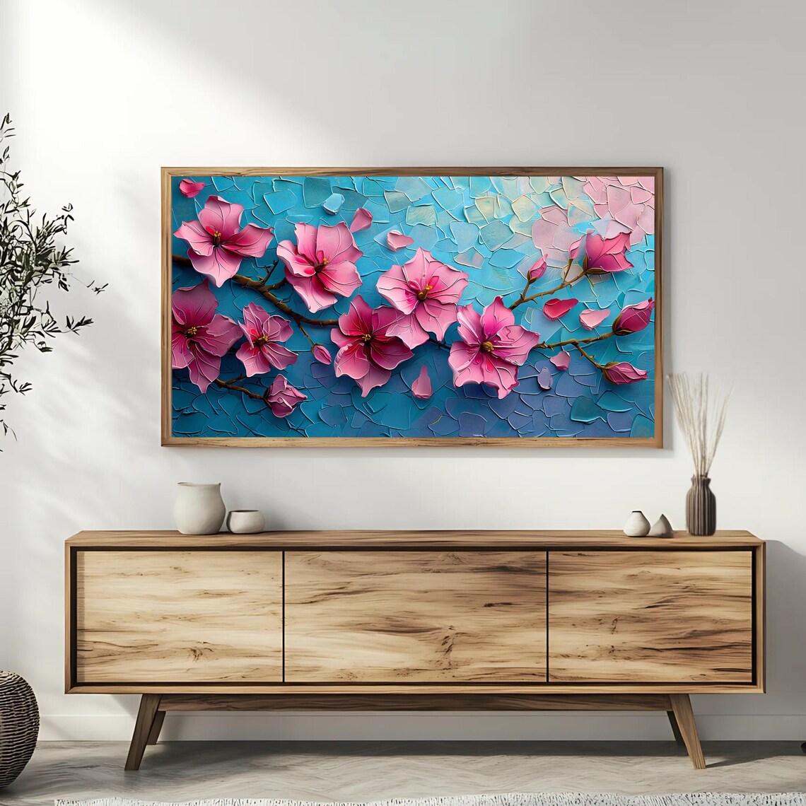 Pink Cherry Blossom Branch Turquoise Impasto Floral Painting Wall Art - Image 3
