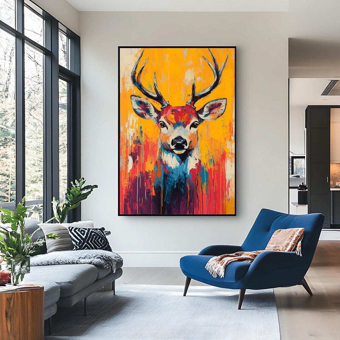 Vibrant Abstract Stag Deer Portrait On Orange Background Wall Art - Image 2