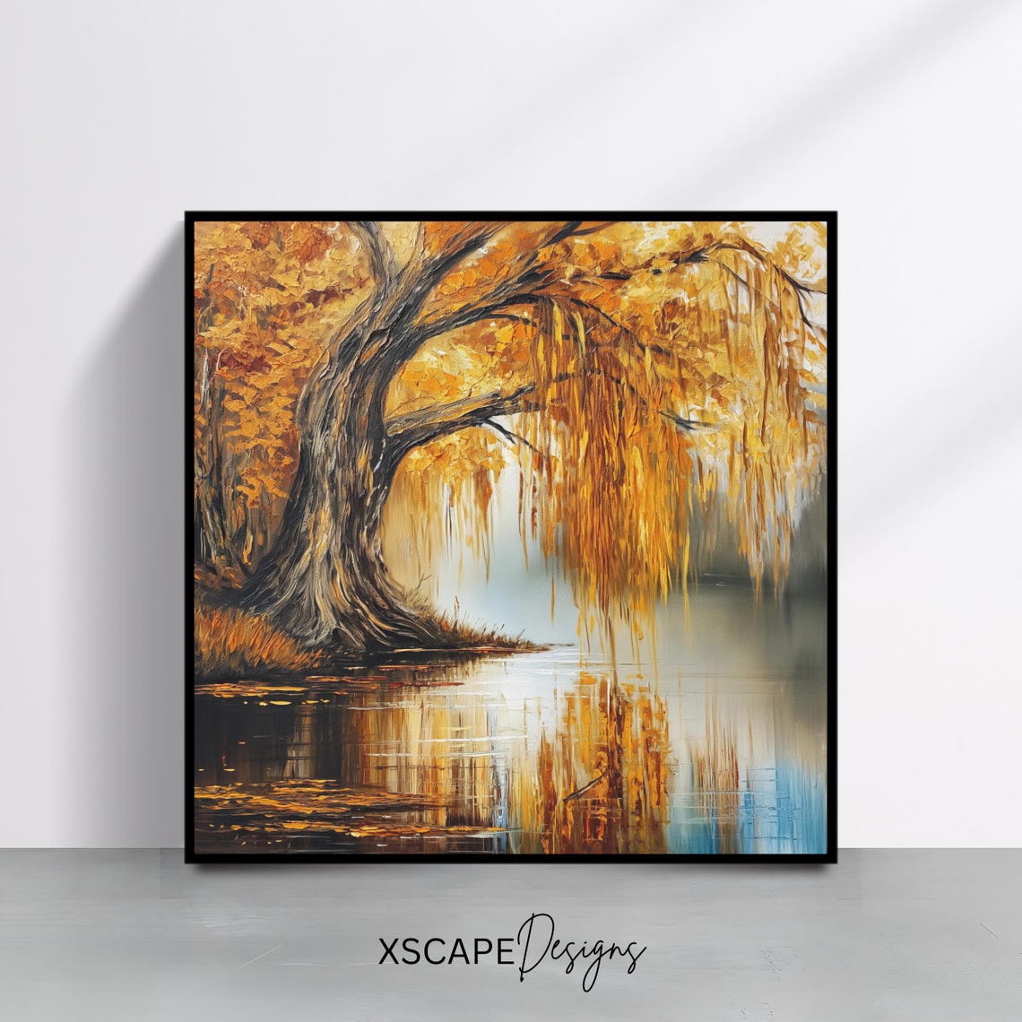 Golden Autumn Willow Tree Reflected in a Still Lake Oil Style Poster