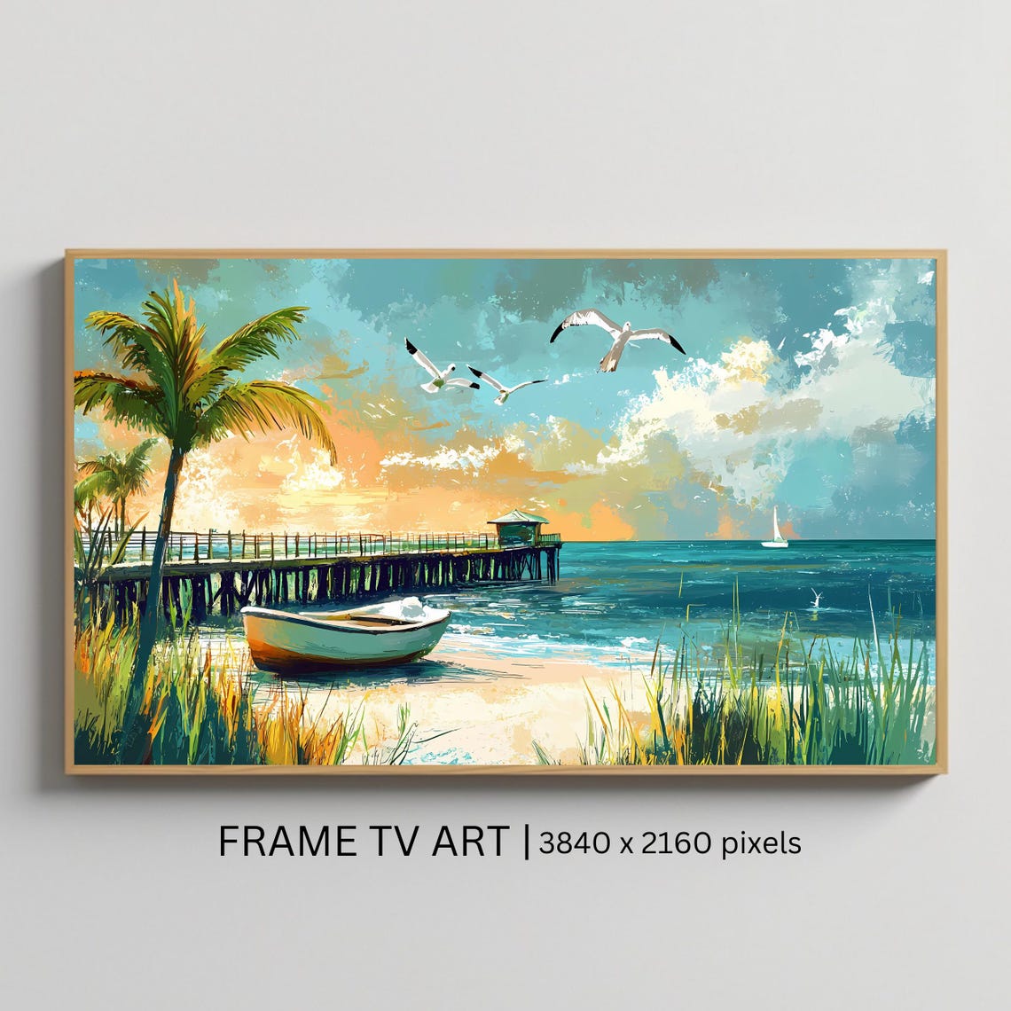 Tropical Beach Pier Sunset Rowboat Seagulls Palm Trees Coastal Poster