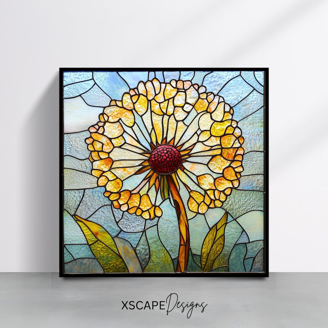 Golden Dandelion Seed Head Stained Glass Window Botanical Art Poster